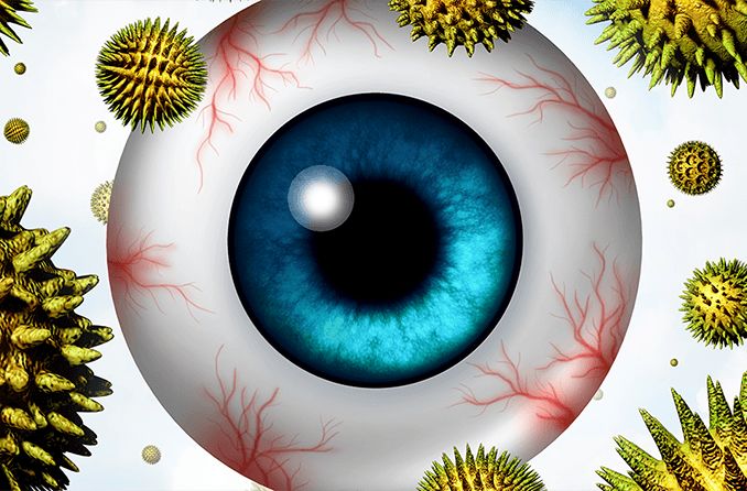 Ilustração do globo ocular com pólen flutuando