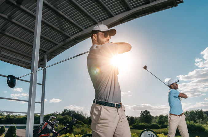 La persona que juega al golf usa gafas deportivas de alto rendimiento