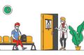 illustration of eye doctor waiting room with doctor and patient wearing face masks