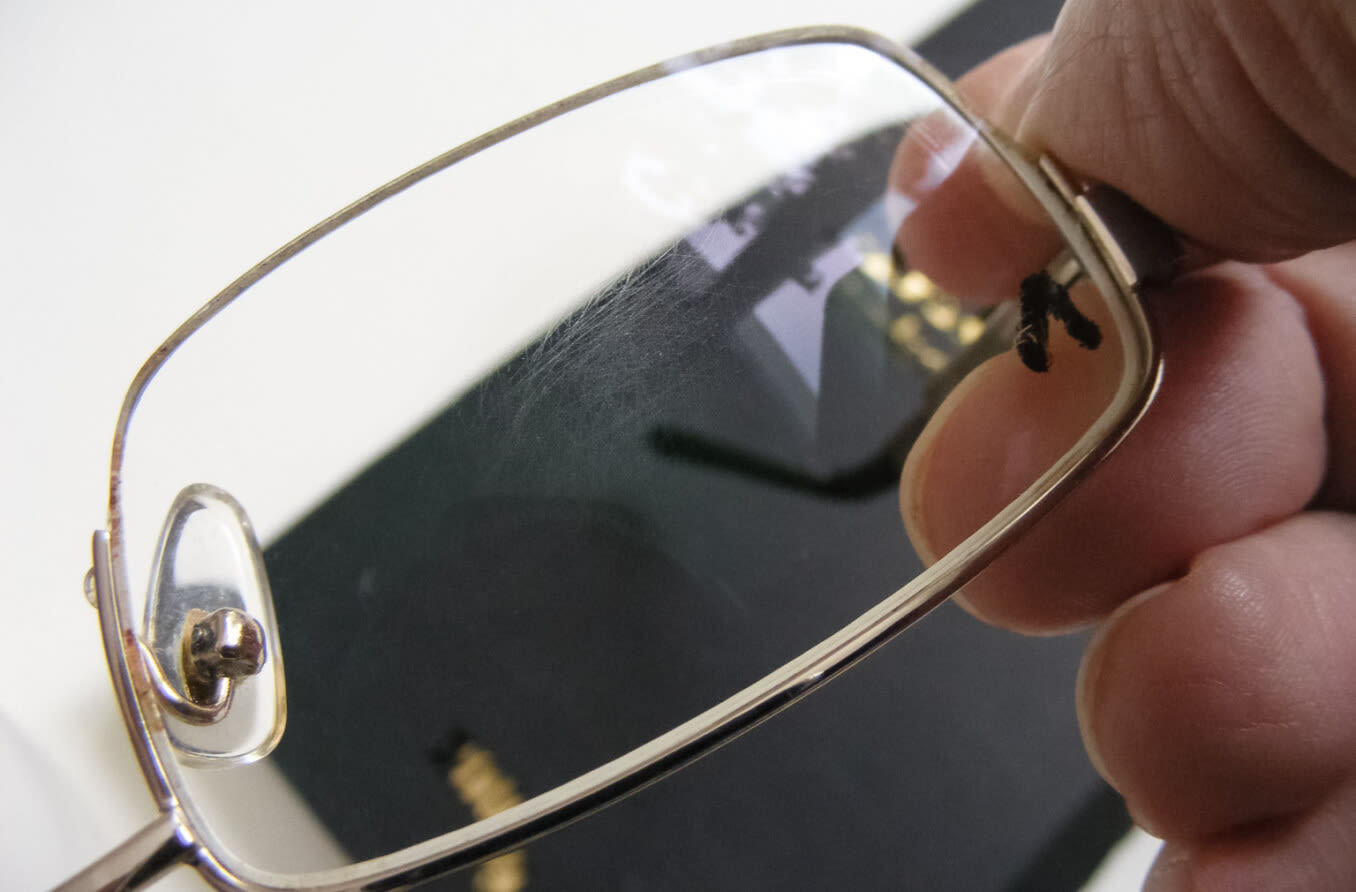 Scratch samples on the surface of eyeglasses.