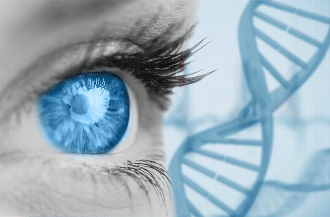 closeup of a blue eye with dna double helix background