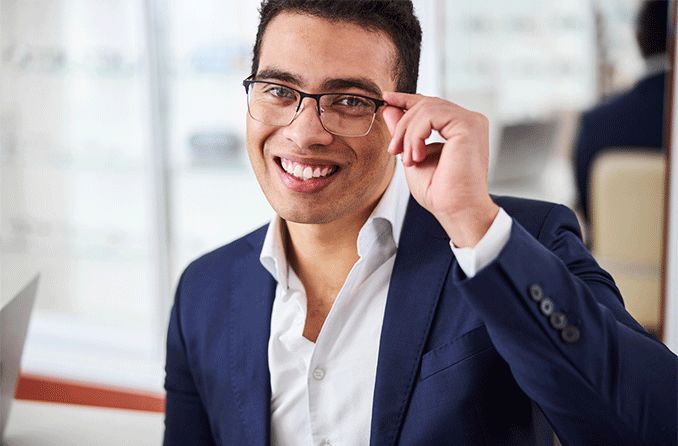 man wearing Silhouette brand glasses