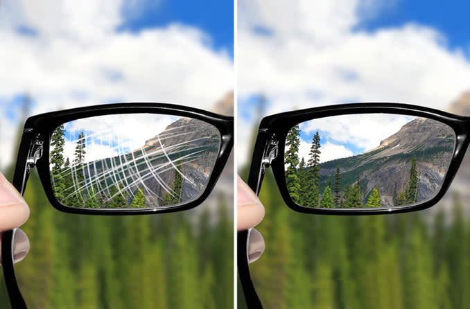 side-by-side of scratched and unscratched eyeglass lenses