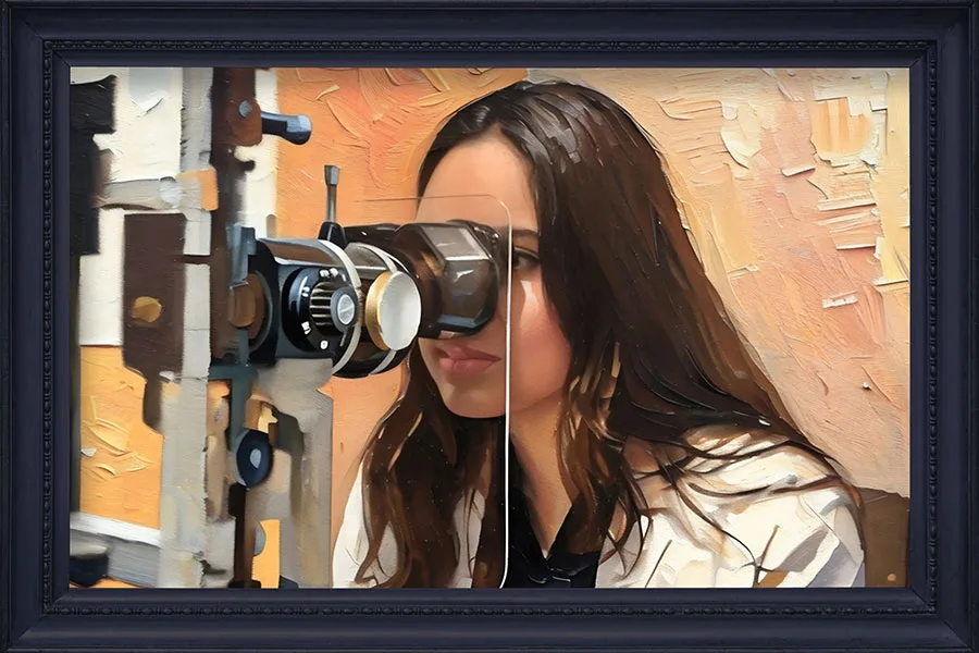 Sai Kurapati looking into a microscope in the style of an oil painting
