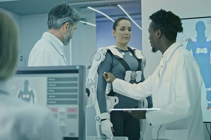 A woman wears a medical device on her torso while a man holds part of the suit and another watches