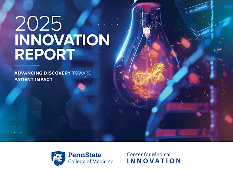 Cover of 2025 Innovation Report with title Advancing Discovery Toward Patient Impact and stylized lightbulb and DNA image