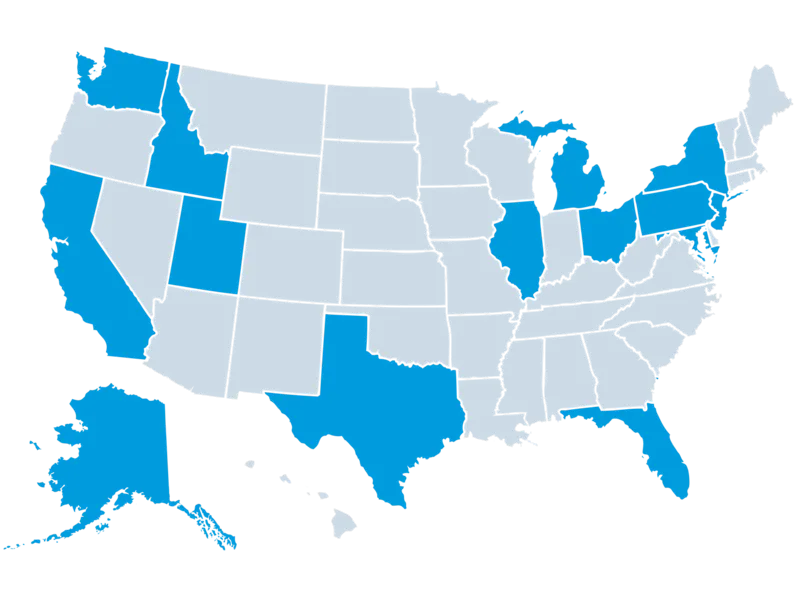 U.S. map with states highlighted PA, CA, FL, NJ, NY, UT, MI, AK, MD, TX, WA, OH, ID, and IL