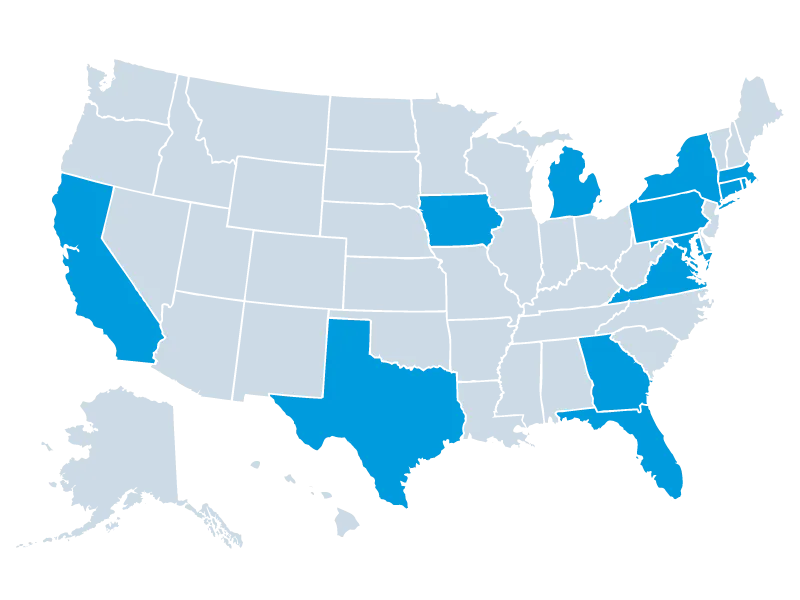 U.S. map with states highlighted PA, CT, FL, TX RI, VA, NY, MI, GA, CA, IA, MD, MA