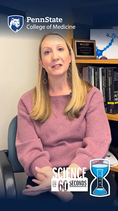 Amy Arnold in her office with Science in 60 Seconds branding overlay
