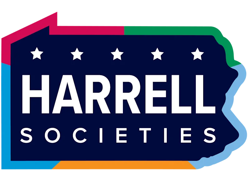 Outline of Pennsylvania in red, green, blue, orange and purple; five stars and Harrell Societies in the middle
