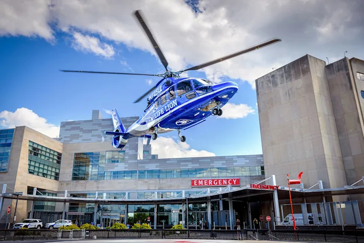 A Life Lion helicopter takes flight outside the Emergency Department of Penn State Health Milton S. Hershey Medical Center