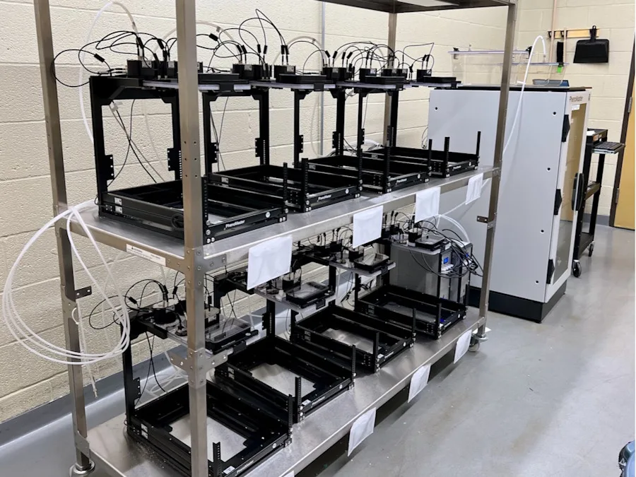 Shelving system with individual racks on each shelf.