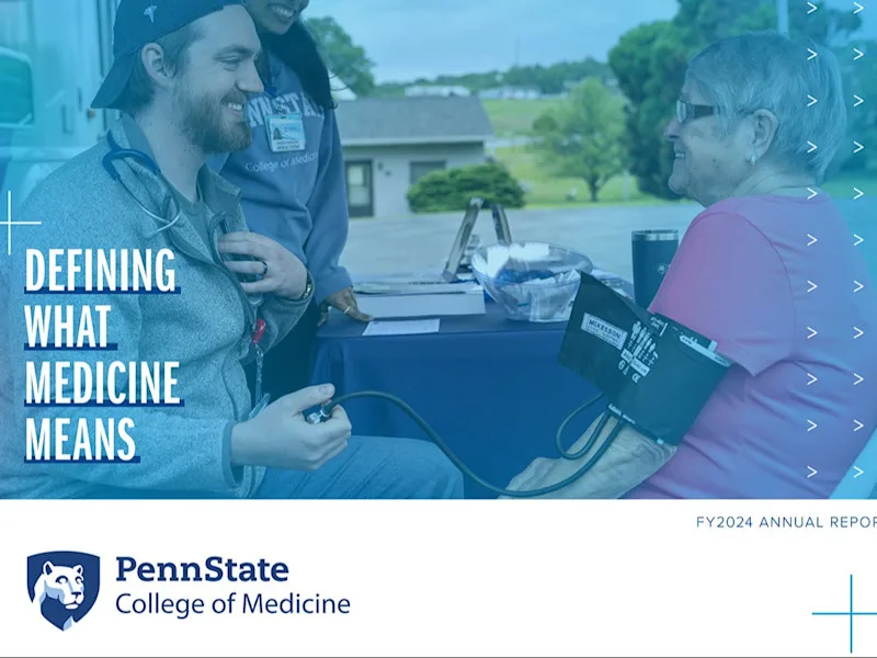 Cover of the College of Medicine 2023-24 annual report, with photo of a medical student helping a community member