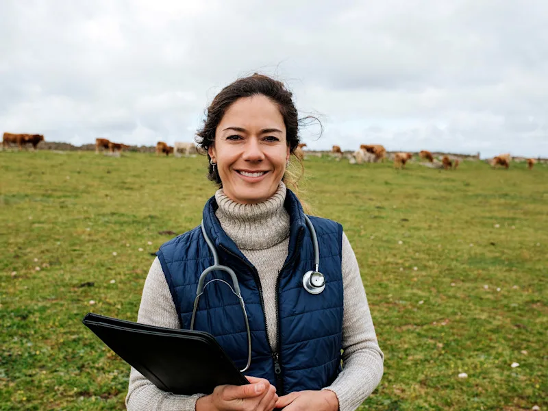 Woman with a stethoscope and holding a tablet stands in a rural, farm setting