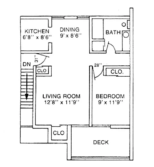 Floor plan for a one-bedroom apartment in Manor East shows a living room, bedroom, full bathroom, dining area and kitchen