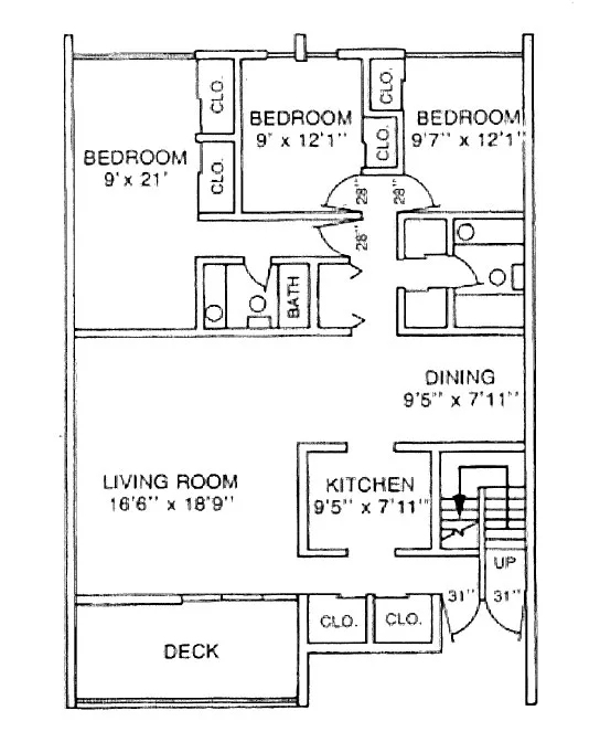 Floor plan for 3-bedroom apartment in Manor East shows a living room, three bedrooms, full bathroom, dining area and kitchen