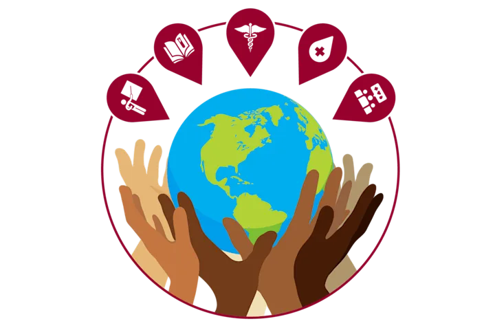 Illustration of hands of different skin colors holding up the earth with pins representing publications and medical research