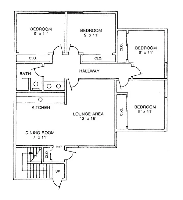 Floor plan for 4-bedroom apartment in Manor West shows a living room, four bedrooms, full bathroom, dining area and kitchen