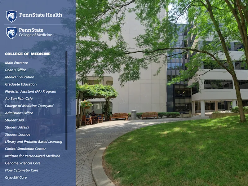 Screenshot of the College of Medicine courtyard with virtual tour menu on the left