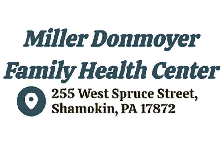Miller Donmoyer Family Health Center above; below, map pin icon with 255 West Spruce Street, Shamokin, PA 17872