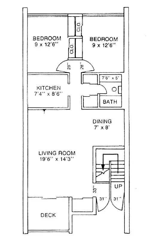 Floor plan for two-bedroom apartment in Manor East shows a living room, two bedrooms, full bathroom, dining area and kitchen