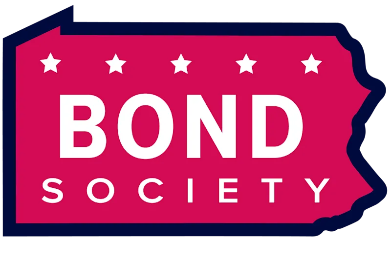 Bond Society inside a Pennsylvania state outline with five stars above it