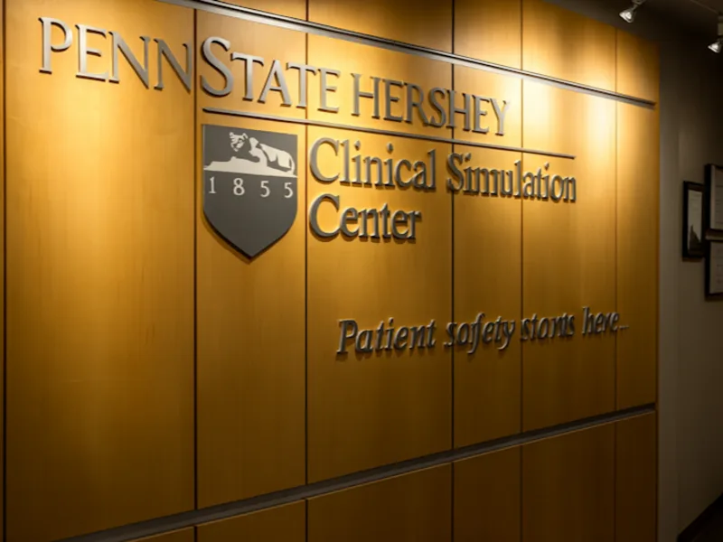Wall with Penn State Hershey Clinical Simulation Center logo and “Patient safety starts here” quote