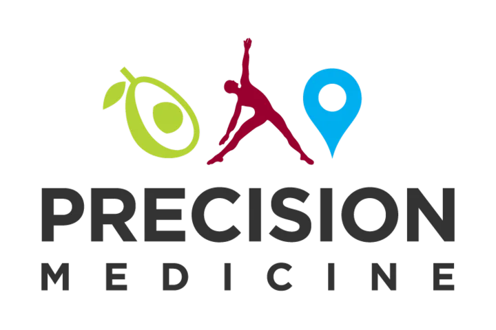 Precision Medicine with illustration of a person stretching with an avocado and a map-style pin button