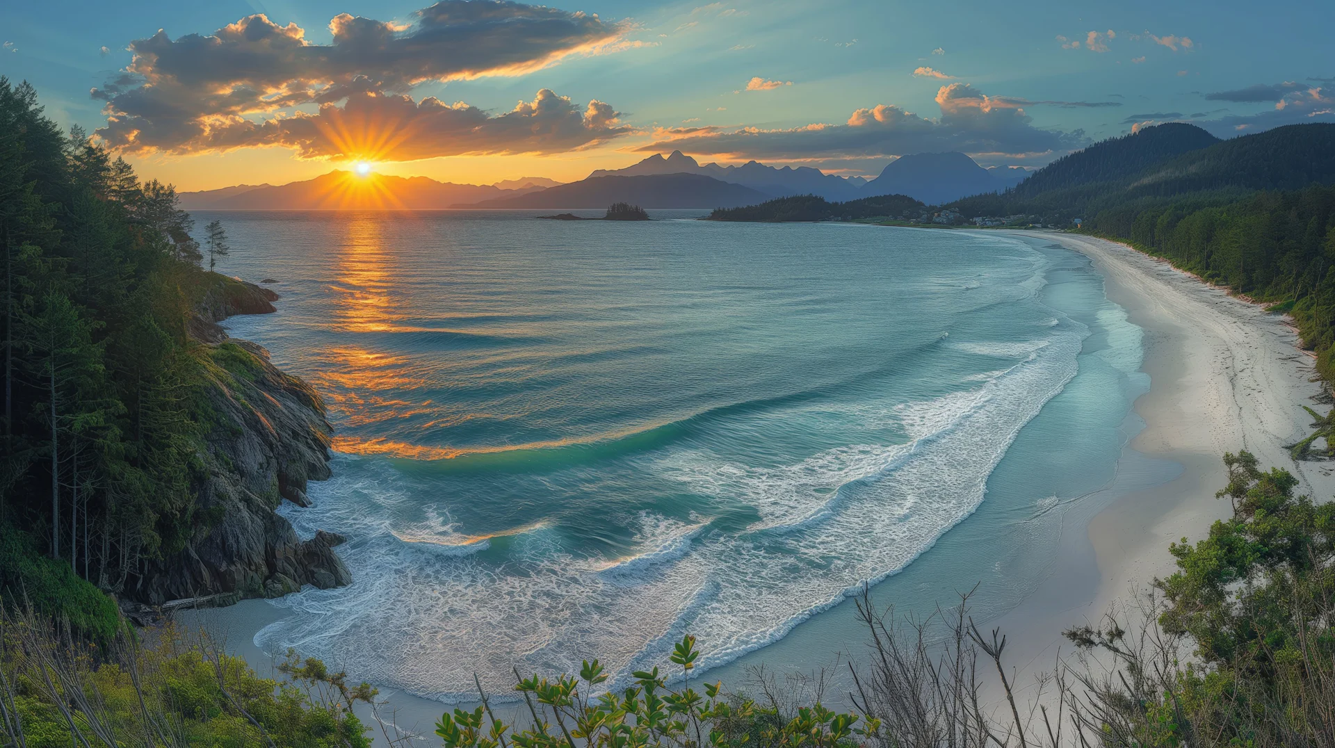 Sunset over a curved sandy beach with forested cliffs, calm waves, and mountains in the distance