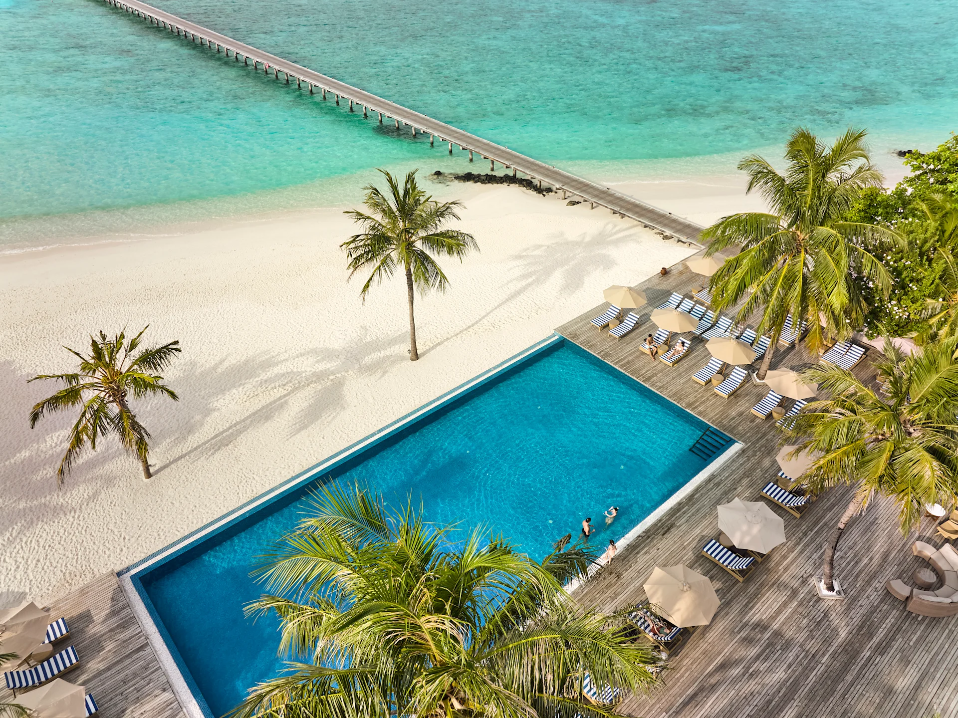Bird view of pool and beach at ROBINSON NOONU, Maldives