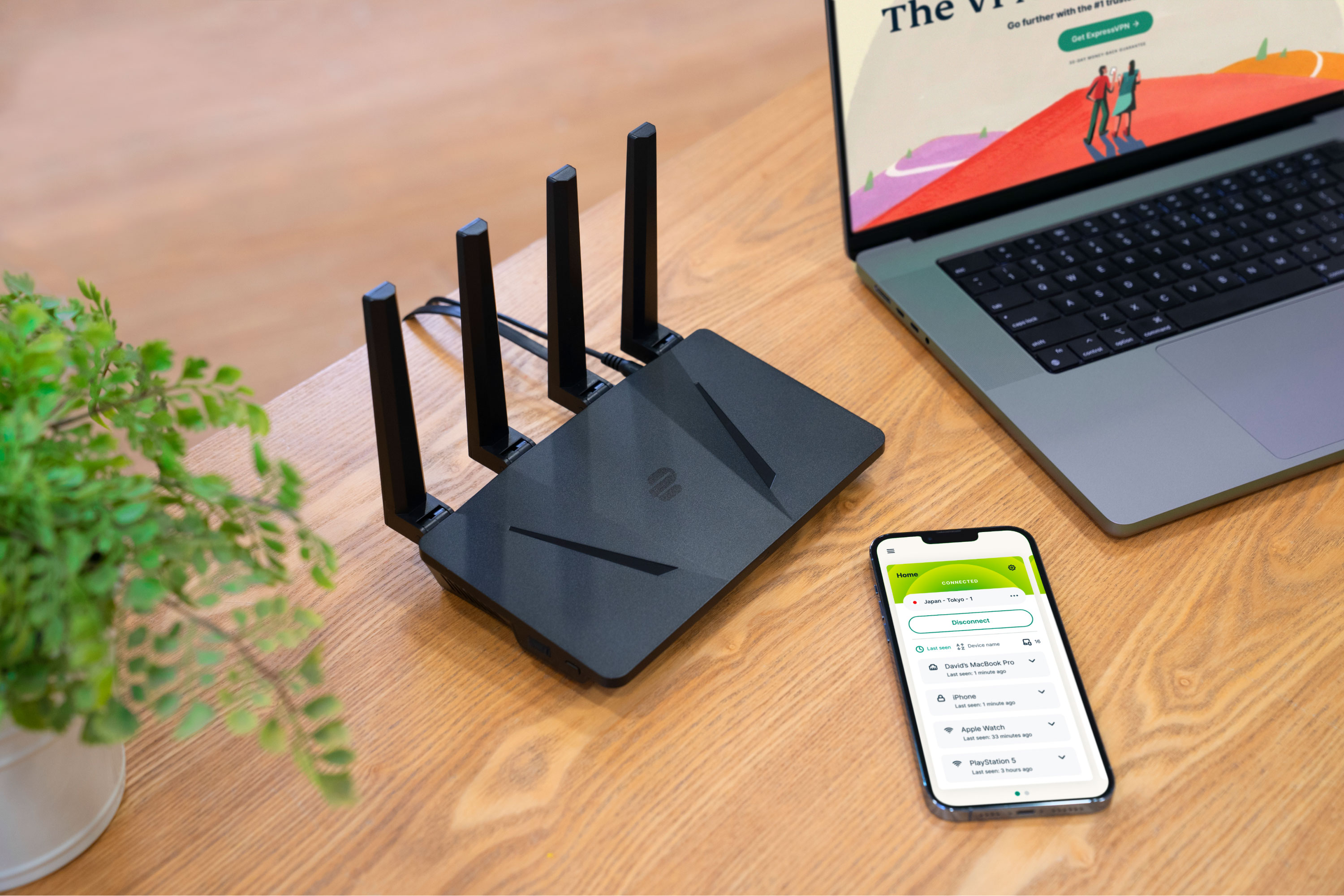 Lifestyle image of ExpressVPN Aircove on desk.