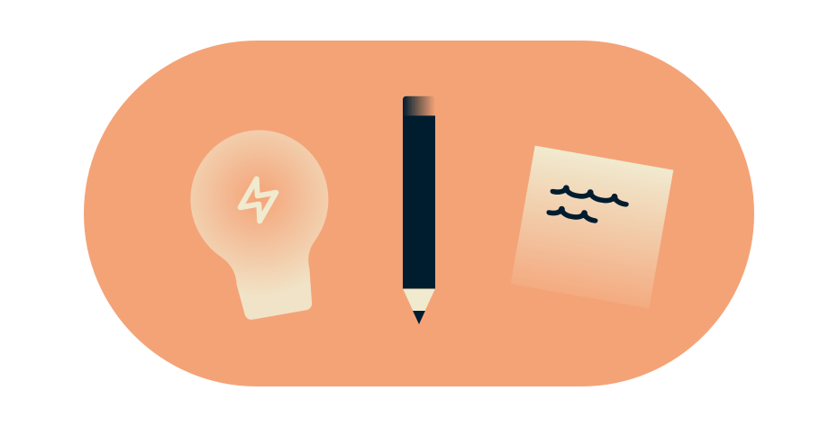 Icon illustrating innovation and problem solving via lightbulb, pencil, and paper. 