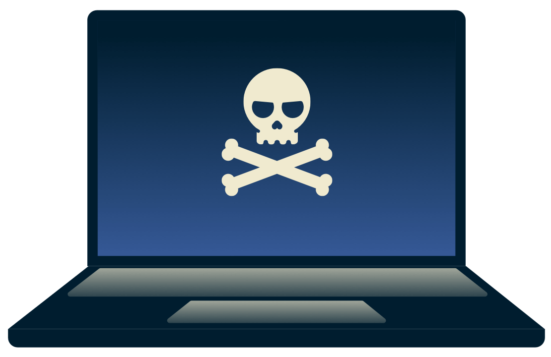 Skull and crossbones symbol on a laptop.