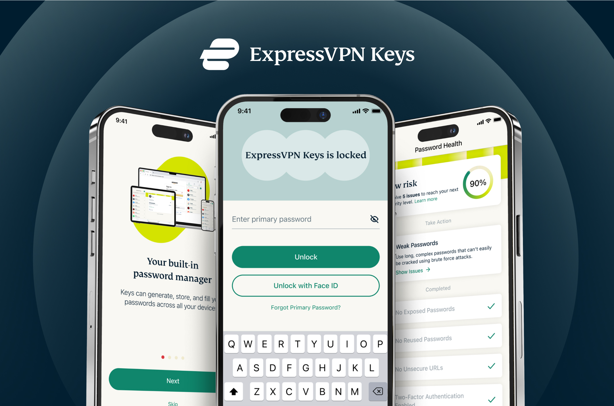 Different ExpressVPN Keys screens e.g., Password Health