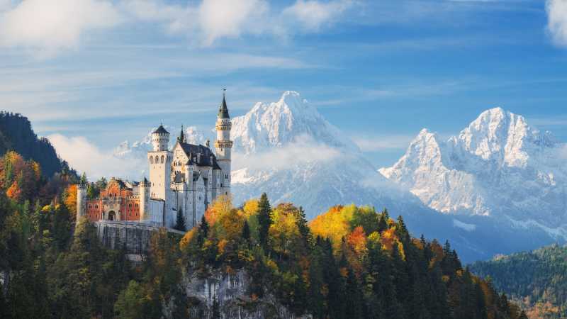 Das Schloss Neuschwanstein umgeben von herbstlichen Bäumen und schneebedeckten Bergen im Hintergrund.