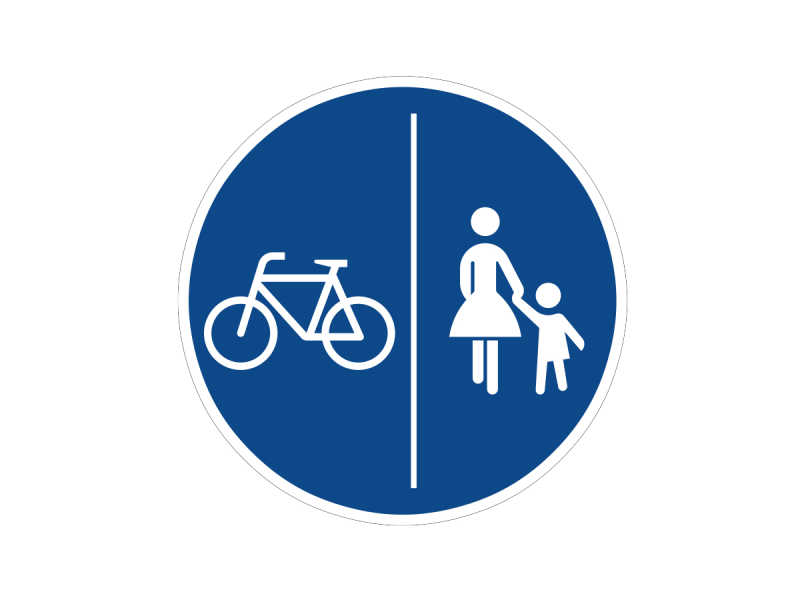 das offizielle Zeichen für einen getrennten Geh- und Radweg: Fußgänger und Rad auf einem blauen runden Schild geteilt durch eine vertikale weiße Linie.