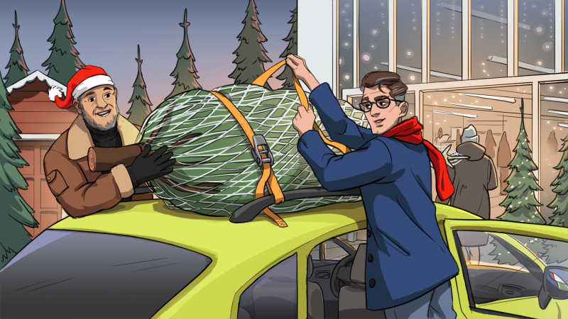 Illustration zweier Männer, die eine Tanne auf einem Auto mit Spanngurten befestigen.