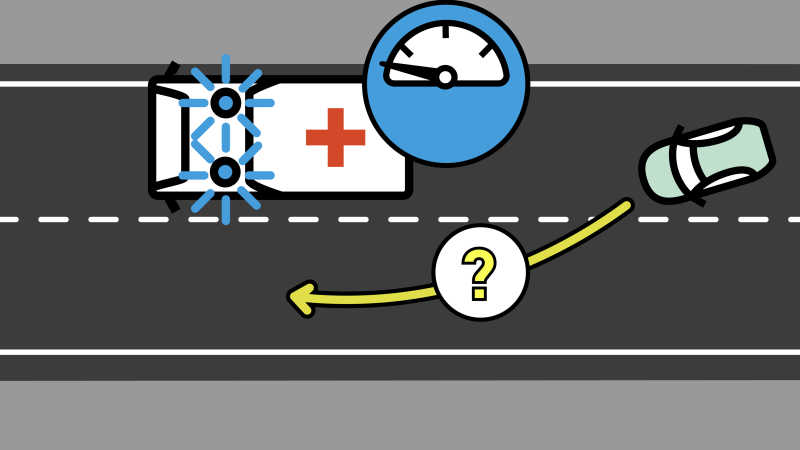 Die Illustration zeigt ein Auto, dass hinter einem Krankenwagen fährt. Symbole deuten an, dass der Krankenwagen mit geringer Geschwindigkeit unterwegs ist und der Pkw-Fahrende überlegt, ob er überholen soll.