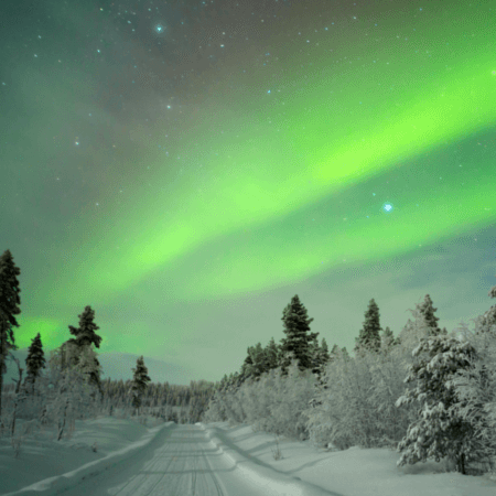 Man sieht einen Nachthimmel über einer verschneiten Landschaft, der grüne Polarlichte und viele Sterne zeigt.
