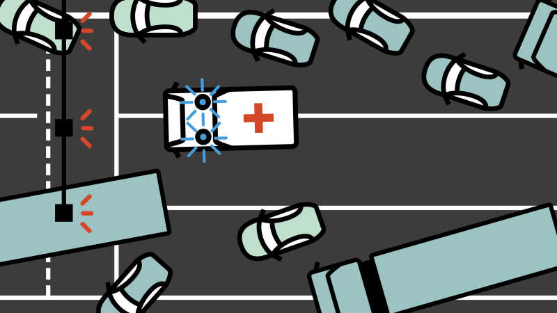 Illustration zeigt Pkw und Lkw die an einer roten Ampel zur Seite ausweichen und über die Haltelinie fahren, um einem Krankenwagen Platz zu machen. 