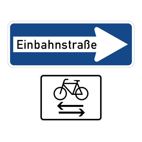 Das Schild das Fahrrädern das Fahren in Einbahnstraßen in beide Richtungen freigibt.