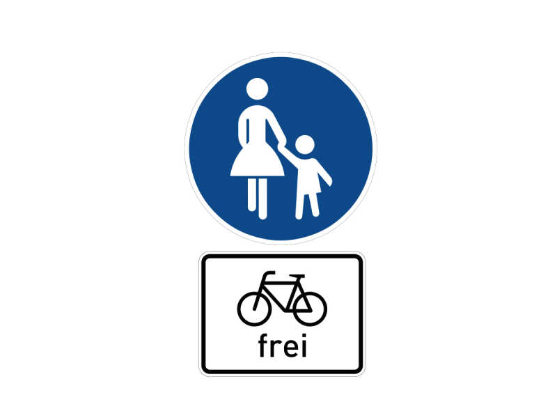Das offizielle Zeichen für einen Gehweg: weiße Fußgänger auf blauem runden Schild, darunter ein Fahrräder frei Schild.