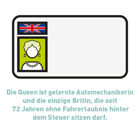 Die Grafik zeigt den Führerschein der Queen, die ohne Fahrerlaubnis fahren darf.