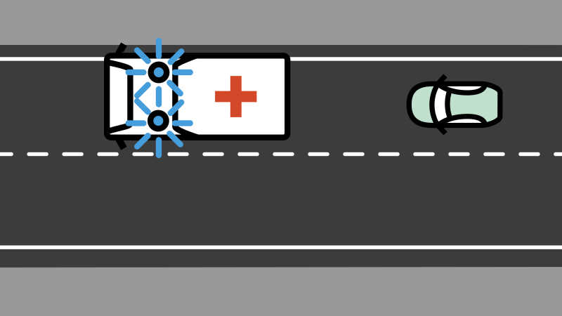 Die Illustration zeigt, dass der Pkw-Fahrer hinter dem Krankenwagen bleibt und nicht überholt.