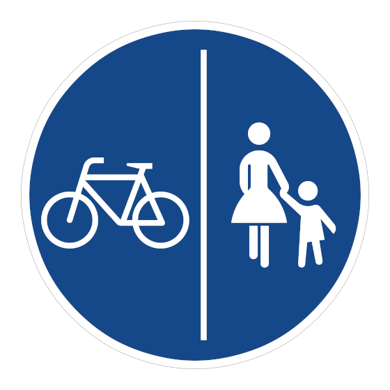 Das Zeichen für einen getrennten Rad- und Geweg: blaues rundes Schild mit den Symbolen für Gehweg und Radweg durch eine vertikale Linie getrennt.