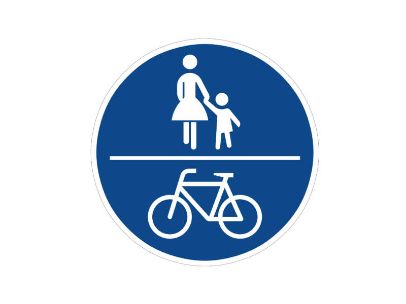 Das offizielle Zeichen für einen gemeinsamen Geh- und Radweg: Fußgänger und Rad auf einem blauen runden Schild geteilt durch eine horizontale weiße Linie.