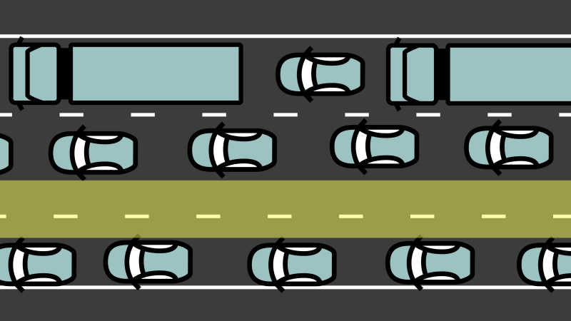 Die Illustration zeigt, dass auf einer dreispurigen Autobahn die Rettungsgasse gebildet wird - und zwar zwischen der ganz linken Spur und der rechts davon liegenden Spur. 