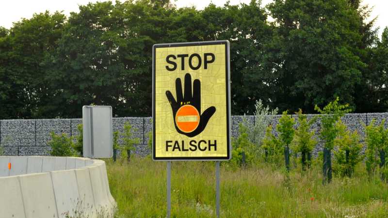 Neben einer Autobahnauffahrt steht ein großes Hinweisschild mit der Aufschrift „Stop, falsch“.