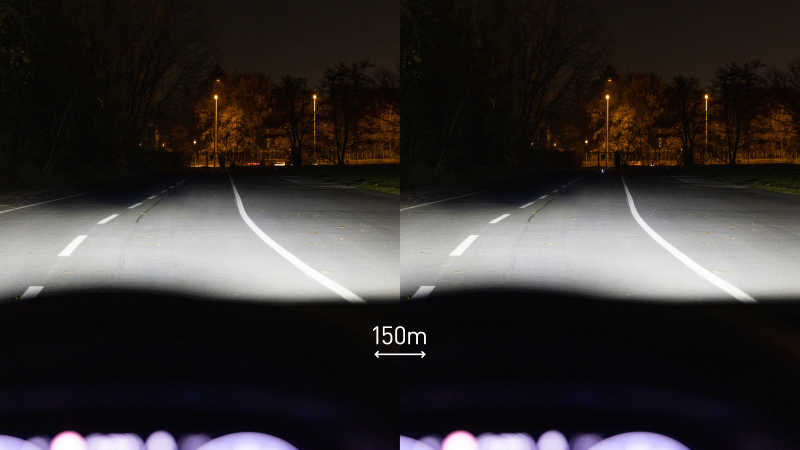 Eine Collage aus zwei Bildern zeigt links eine leere Straße. Rechts sind in der Ferne eine retroreflektierende Hundeleine und ein Leuchthalsband schwach zu erkennen.