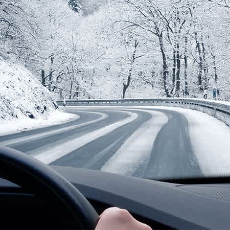 Man sieht eine verschneite Straße aus einem Auto heraus, die von zugeschneiten Bäumen gesäumt ist.